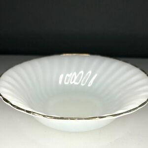 Vintage Anchor Hocking Fire King Milk Glass Swirl 8.5” Serving Bowl w/Gold Rim